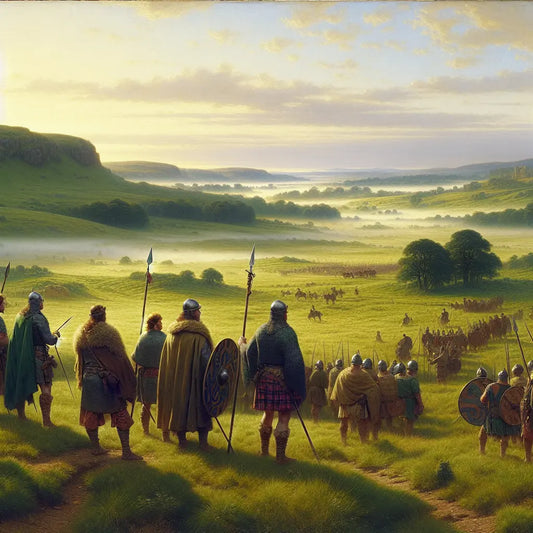 Ancient Gaul warriors in traditional Celtic dress on a misty battlefield in rolling green hills at dawn, rendered in a cinematic 1960s Roman epic painting style.