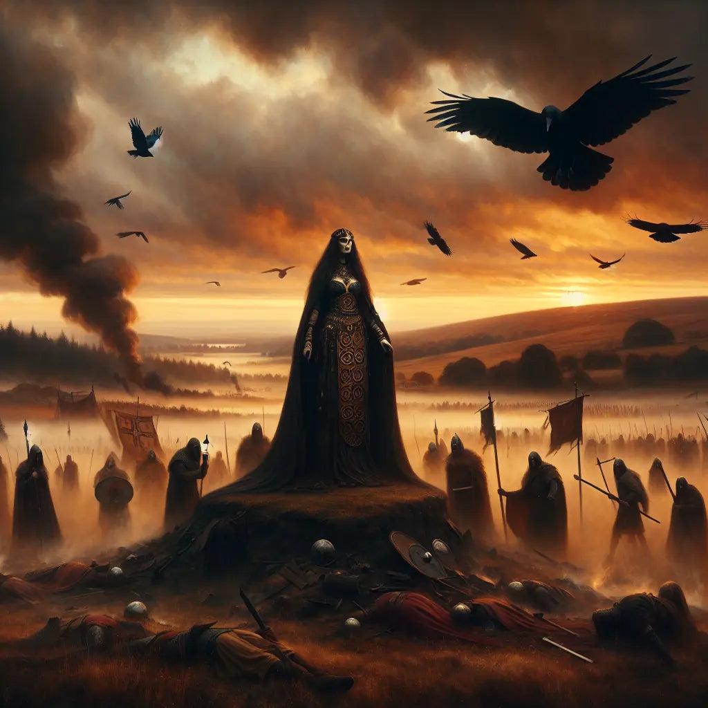A powerful Celtic goddess stands on a smoke-filled dusk battlefield with crows circling overhead, conveying war, death, and prophecy in a dramatic ancient setting.