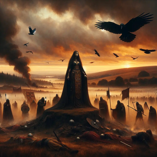 A powerful Celtic goddess stands on a smoke-filled dusk battlefield with crows circling overhead, conveying war, death, and prophecy in a dramatic ancient setting.