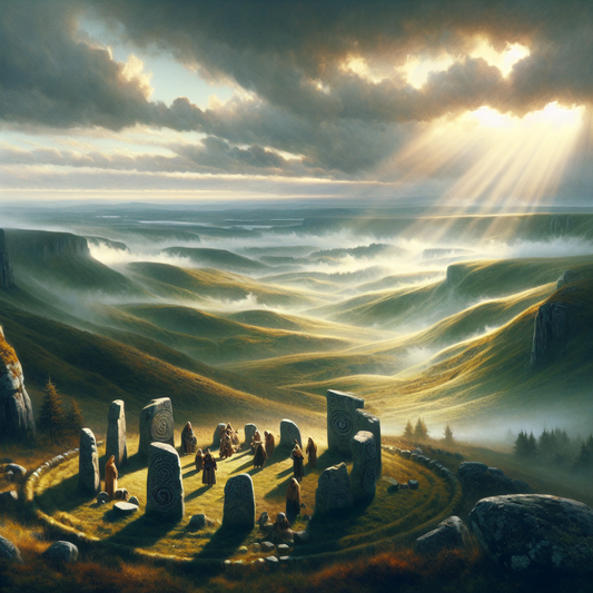 Misty ancient Celtic landscape with rolling green hills, old stone ruins, and ethereal light rays breaking through clouds symbolizing the mystical origins of Gaelic mythology in a cinematic 1960s epic style.