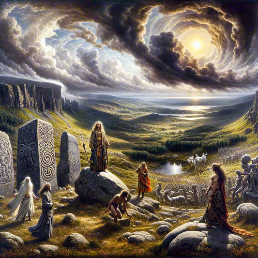 Celtic landscape with swirling storm clouds, featuring mythical Gaelic figures embodying primal forces amid ancient chaos symbols in a dramatic painterly style.