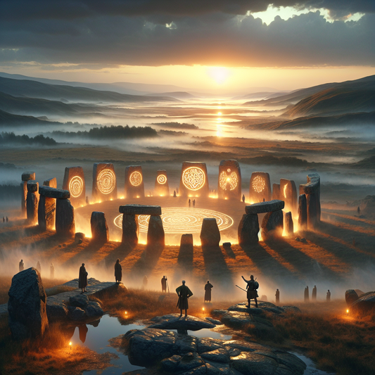 A serene twilight scene showing an ancient Celtic stone circle surrounded by mist and glowing magical symbols, with Roman-style figures observing in a painterly, cinematic style inspired by 1960s historical epics.