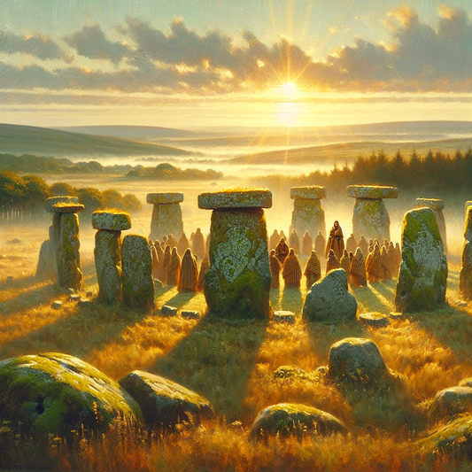 Ancient Celtic stone circle at dawn with druids in woolen cloaks surrounded by lush greenery and golden sunlight, inspired by Gaelic mythology and 1960s historical epic style.