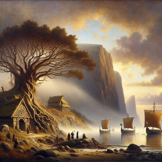 A symbolic Celtic tree intertwined with Viking longships sailing along a misty northern European coastline, representing the fusion of Gallic, Gaelic, and Norse heritage in a cinematic historical epic style.