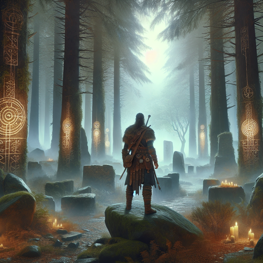 Ancient Celtic warrior standing in misty forest ruins surrounded by glowing Gallic symbols, in a cinematic 1960s epic painting style.