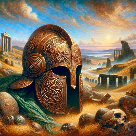 Ancient Celtic warrior helmet with intricate knotwork and spirals, set before Gaulish hills and Roman ruins, painted in a cinematic 1960s Roman epic style.