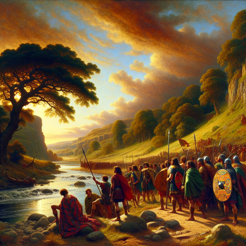 Ancient Celtic warriors in traditional attire prepare for battle by a river under a vibrant, dramatic sky in a cinematic historical painting style.