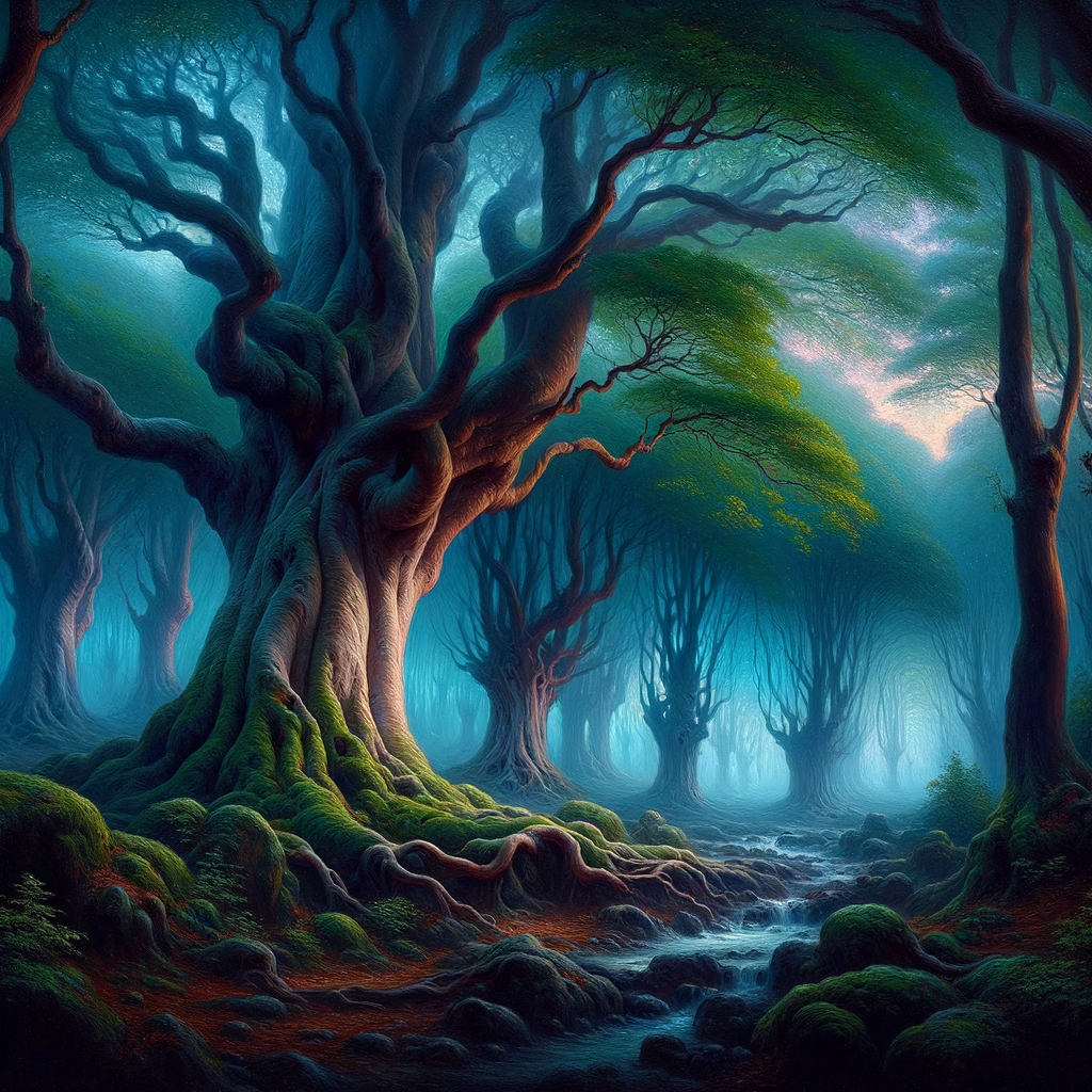 Twilight in an enchanted Irish forest, with mist weaving through ancient trees, creating a mystical atmosphere reminiscent of Celtic fairy tales.