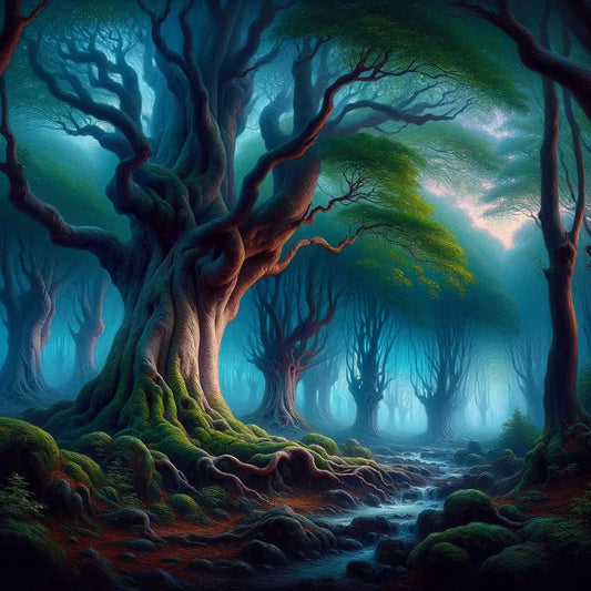 Twilight in an enchanted Irish forest, with mist weaving through ancient trees, creating a mystical atmosphere reminiscent of Celtic fairy tales.