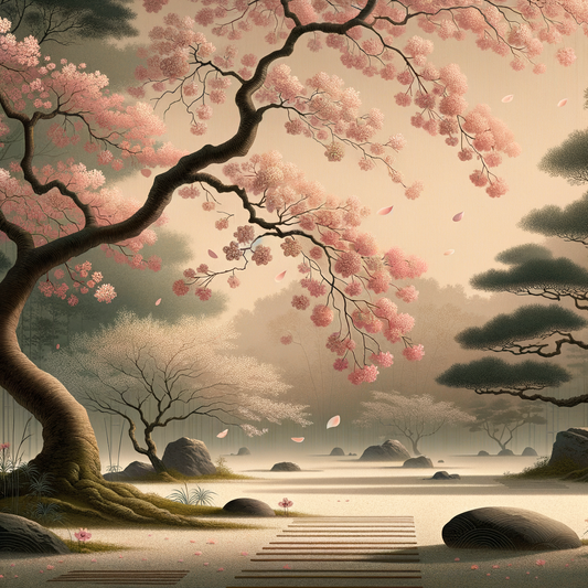 Ein ruhiger japanischer Garten mit blühenden Kirschblütenbäumen, zarte rosa Blütenblätter fallen sanft herab – minimalistisch, schön und vergänglich.