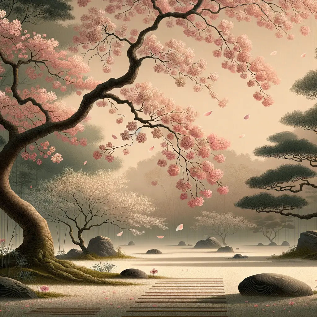 Ein ruhiger japanischer Garten mit blühenden Kirschblütenbäumen, zarte rosa Blütenblätter fallen sanft herab – minimalistisch, schön und vergänglich.