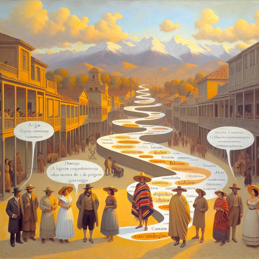 Traditional Chilean figure surrounded by expressive individuals representing various Spanish dialects, with speech bubbles featuring rapid, slurred words and a winding road symbolizing dialect paths, in a cinematic 1960s historical epic painting style.