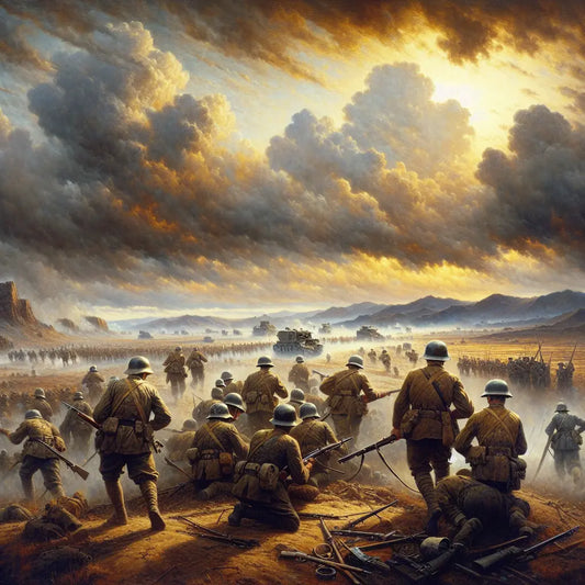 Chinese soldiers wearing German Stahlhelm helmets advance across a smoky battlefield under muted skies, armed with vintage WWII era equipment, blending cultural influences during the Sino-Japanese War.