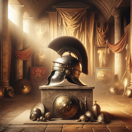 A classic German helmet displayed heroically on a stone pedestal with Roman symbols of protection and legal scrolls in a warm, painterly historical epic style inspired by 1960s Roman films.