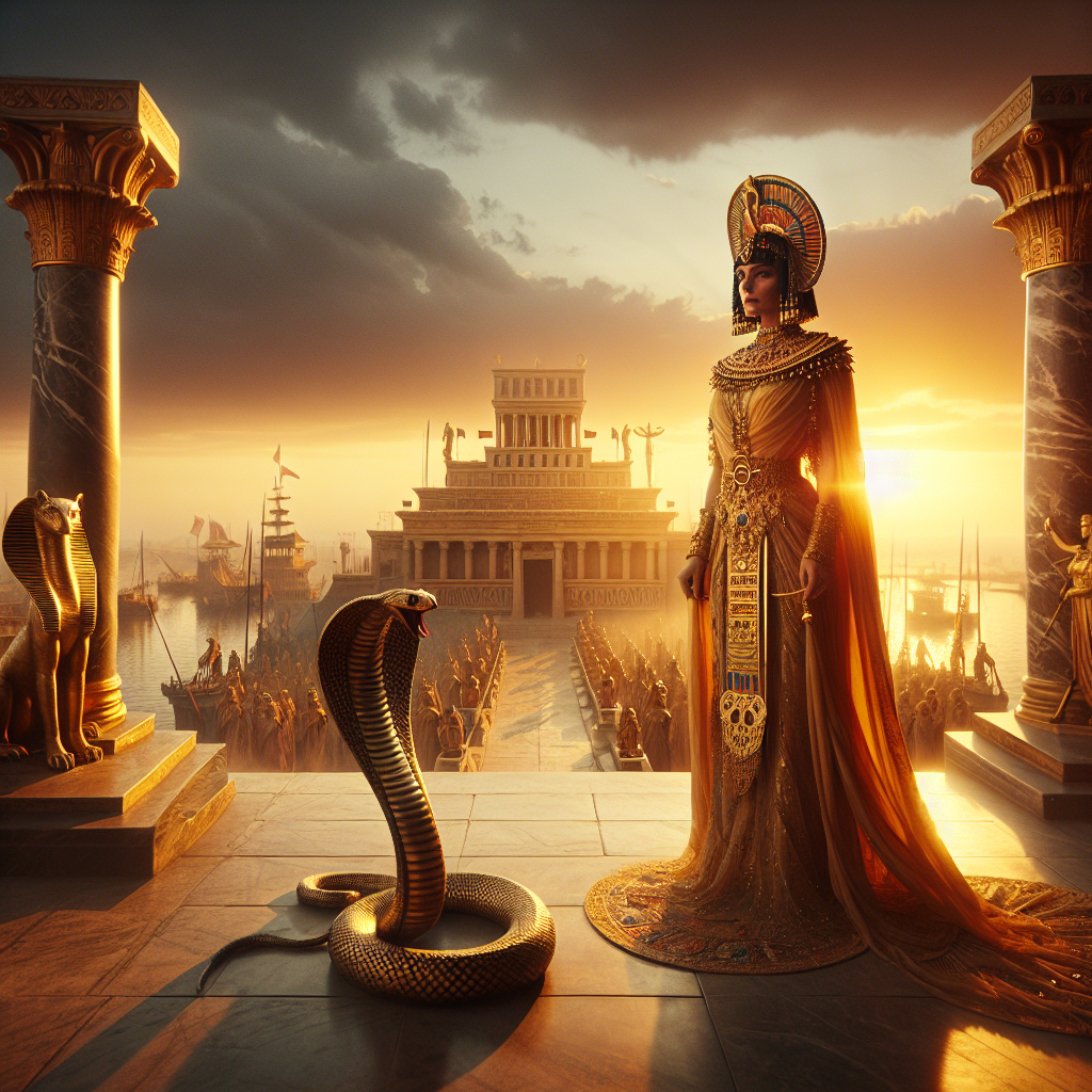 Cleopatra in ancient Egyptian royal attire with an asp coiled nearby, set against a warm sunset over ancient Alexandria with grand architecture and the Pharos Lighthouse in a cinematic 1960s epic painting style.