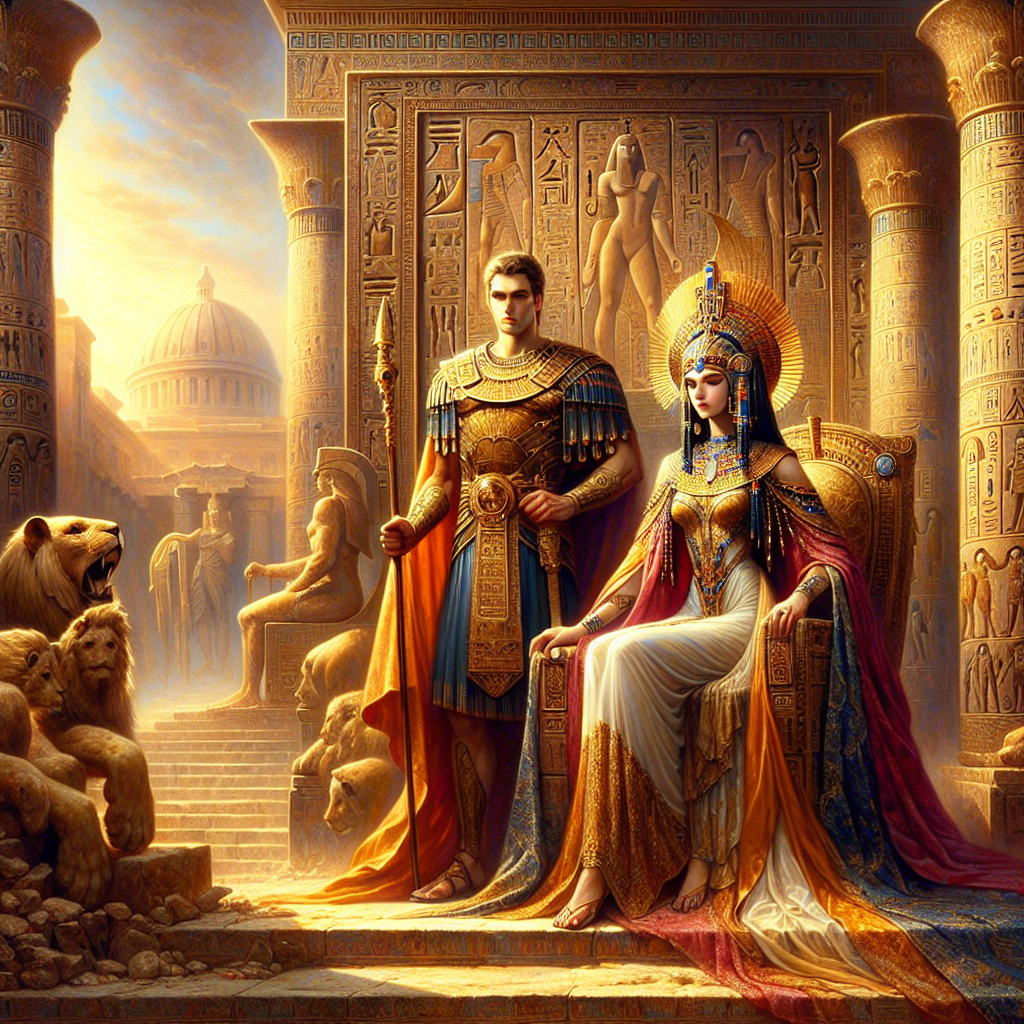 Cleopatra in regal attire blending Greek and Egyptian motifs stands beside Julius Caesar in Roman armor, set against a majestic backdrop merging ancient Egyptian temples and Roman architecture, styled like a 1960s historical epic painting.