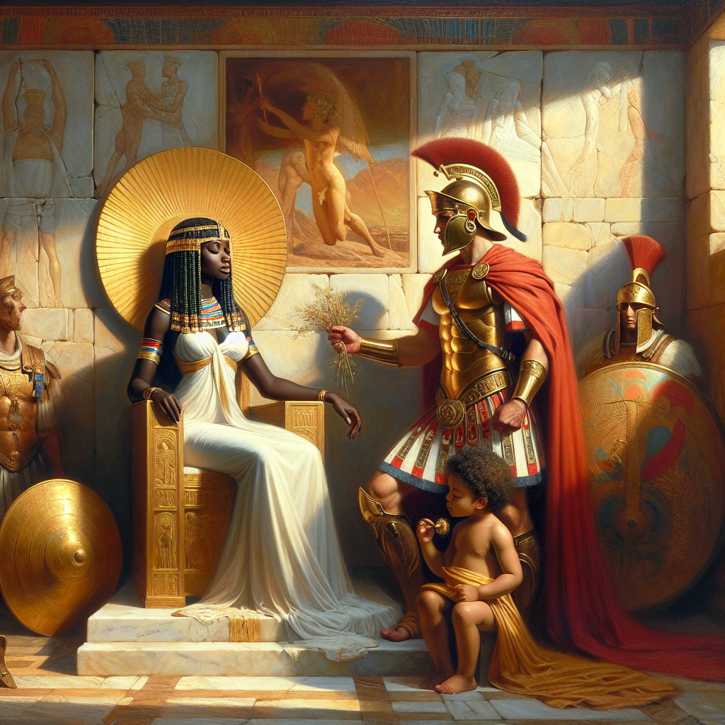 Cleopatra seated on an Egyptian throne beside Julius Caesar standing protectively with their son Caesarion, blending Roman and Egyptian royal symbols in a classical ancient fresco style.