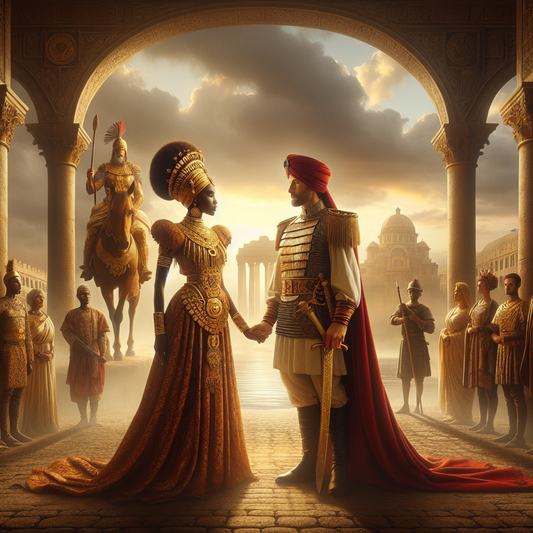 Cleopatra in Egyptian royal attire and Julius Caesar in Roman armor beside the Nile River, with the Roman Forum illuminated by sunset in the background, captured in a cinematic 1960s historical painting style.