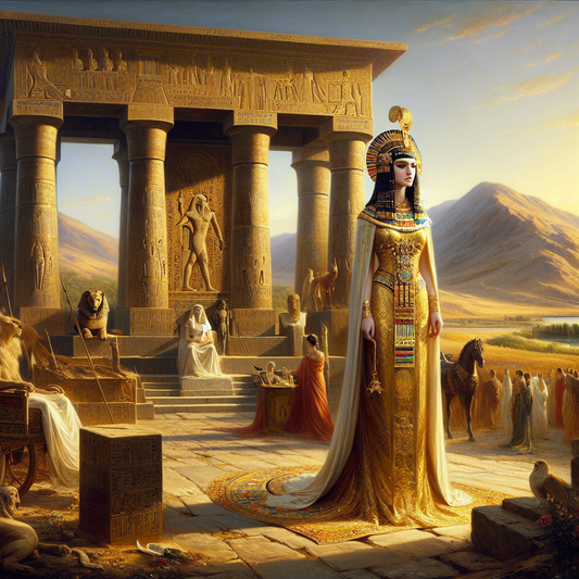 Cleopatra Selene in regal attire blending Egyptian and Roman styles, standing amidst symbols of ancient Egypt and Rome with a backdrop of the Mauretanian landscape, painted in a 1960s historical epic style.