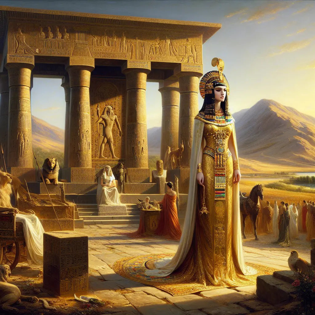 Cleopatra Selene in regal attire blending Egyptian and Roman styles, standing amidst symbols of ancient Egypt and Rome with a backdrop of the Mauretanian landscape, painted in a 1960s historical epic style.