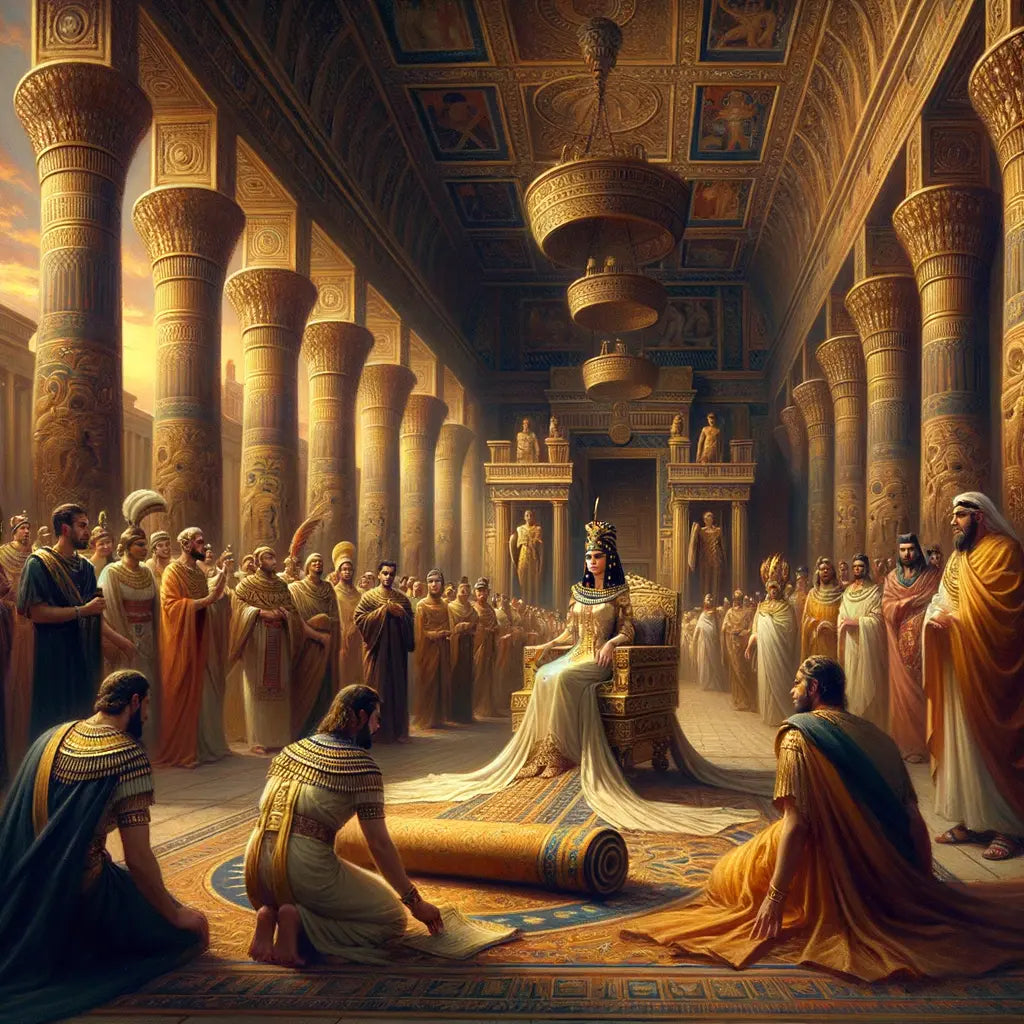 Cleopatra emerges from a rug before Julius Caesar in an Egyptian palace, inspired by the cinematic style of classic 1960s historical films.