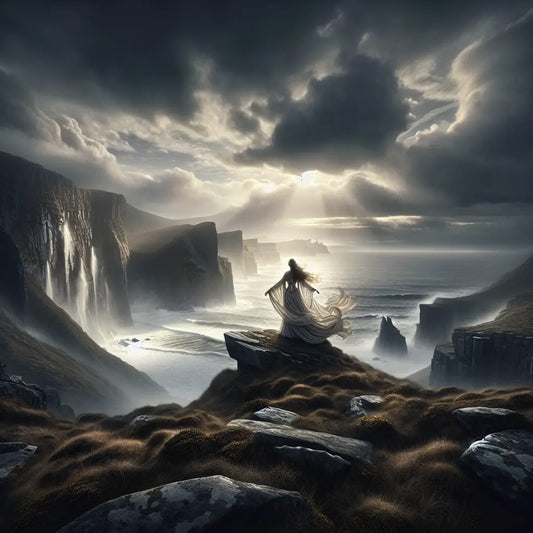 Ethereal female figure symbolizing Clíodhna standing on misty Irish ocean cliffs under a moody sky, inspired by Celtic folklore and cinematic 1960s historical epic style.