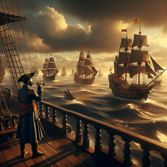 Spanish galleons, British frigates, and German steamships sailing across the Atlantic Ocean in the late 19th century, depicted in a cinematic 1960s historical painting style.