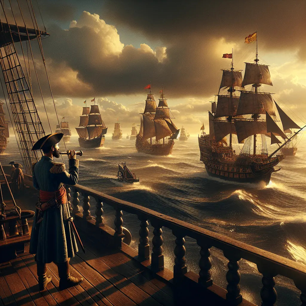 Spanish galleons, British frigates, and German steamships sailing across the Atlantic Ocean in the late 19th century, depicted in a cinematic 1960s historical painting style.