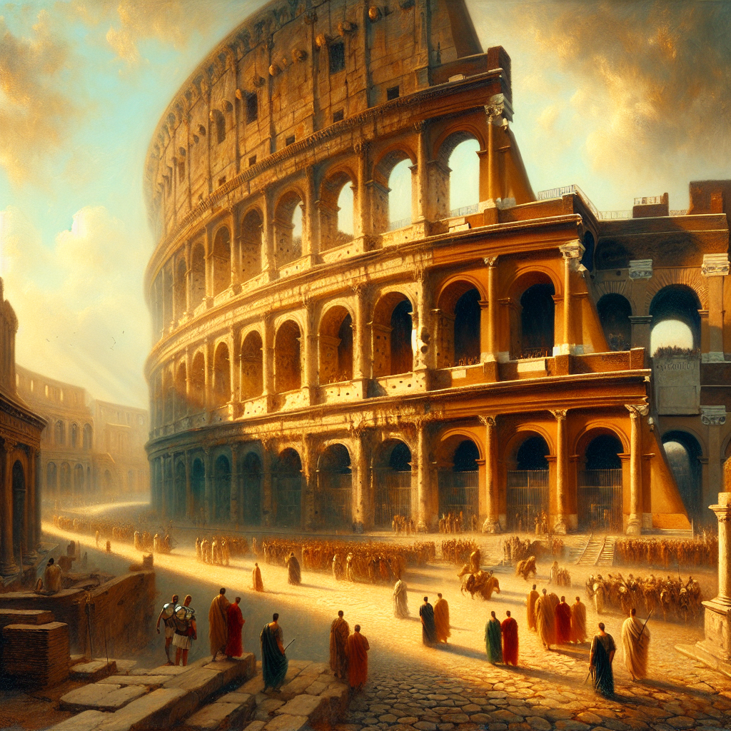 The Colosseum in ancient Rome at sunset, bathed in warm golden light, surrounded by Roman soldiers and civilians in traditional attire, depicted in the style of a 1960s historical epic film painting.