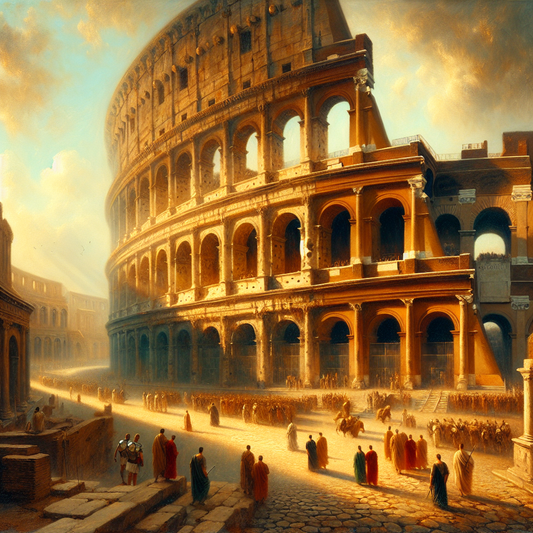 The Colosseum in ancient Rome at sunset, bathed in warm golden light, surrounded by Roman soldiers and civilians in traditional attire, depicted in the style of a 1960s historical epic film painting.