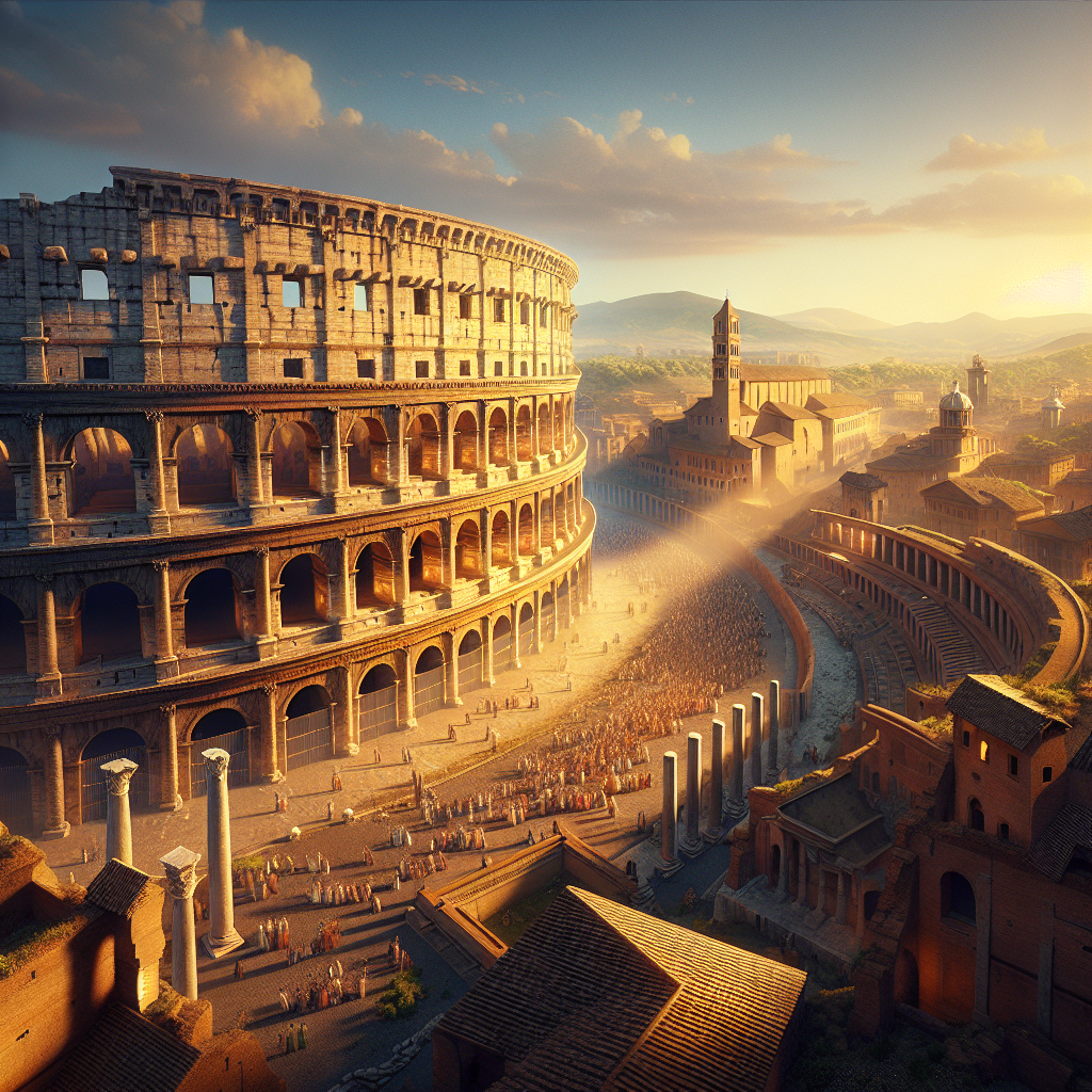 The Colosseum in ancient Rome under a bright blue sky at sunset, with tourists in Roman attire admiring the elliptical amphitheater against the cityscape.