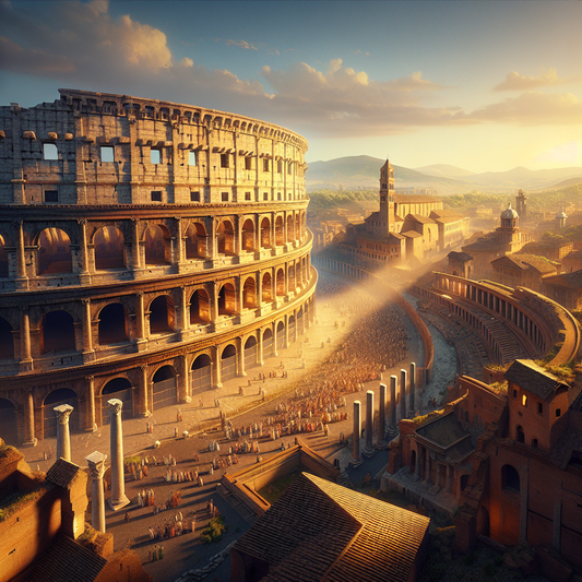 The Colosseum in ancient Rome under a bright blue sky at sunset, with tourists in Roman attire admiring the elliptical amphitheater against the cityscape.