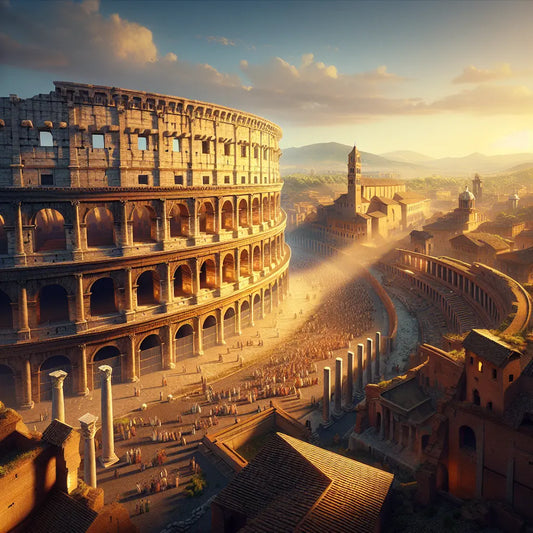 The Colosseum in ancient Rome under a bright blue sky at sunset, with tourists in Roman attire admiring the elliptical amphitheater against the cityscape.