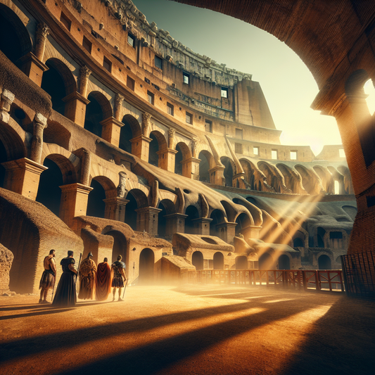 Sunlit ground-level view of the ancient Roman Colosseum arena floor with light streaming through arches, capturing the grandeur and atmosphere of gladiator battles.