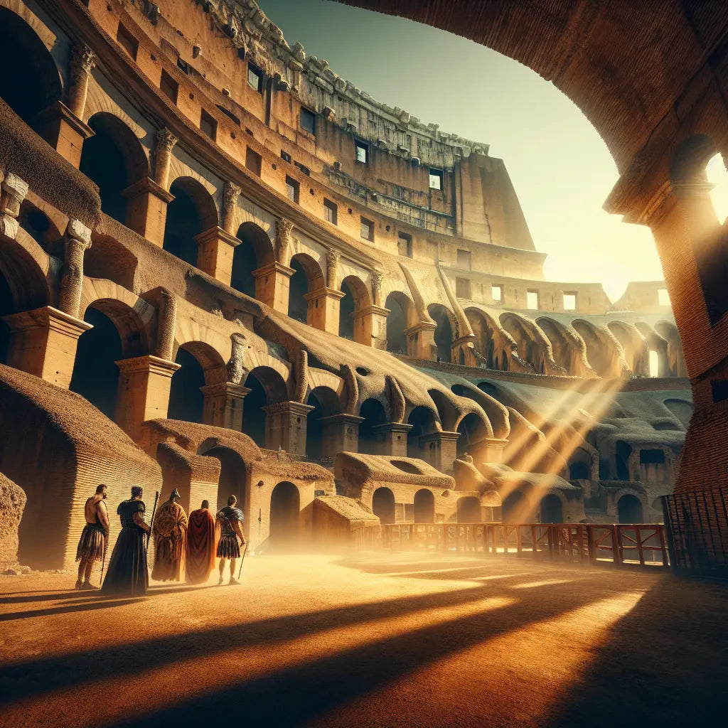 Sunlit ground-level view of the ancient Roman Colosseum arena floor with light streaming through arches, capturing the grandeur and atmosphere of gladiator battles.