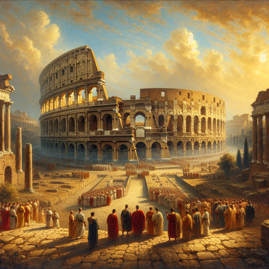Panoramic view of the Colosseum in Rome at golden hour, with ancient ruins and a clear blue sky, painted in a cinematic 1960s Roman epic style.