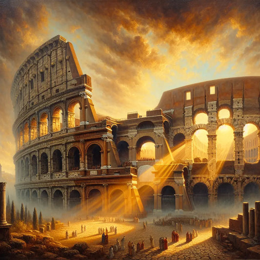 Panoramic view of the ancient Colosseum in Rome at sunrise, showcasing its massive stone arches bathed in warm golden light, rendered in the style of classic 1960s Roman historical epics.