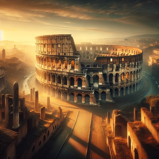 Panoramic view of the ancient Colosseum at sunrise, illuminated by warm golden light and surrounded by Roman ruins and cobblestone streets, in the style of a classic 1960s historical epic painting.