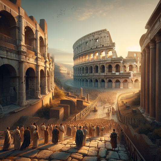 Panoramic sunrise view of the Colosseum illuminated by golden light, with a few tourists in Roman attire admiring the ancient amphitheater.