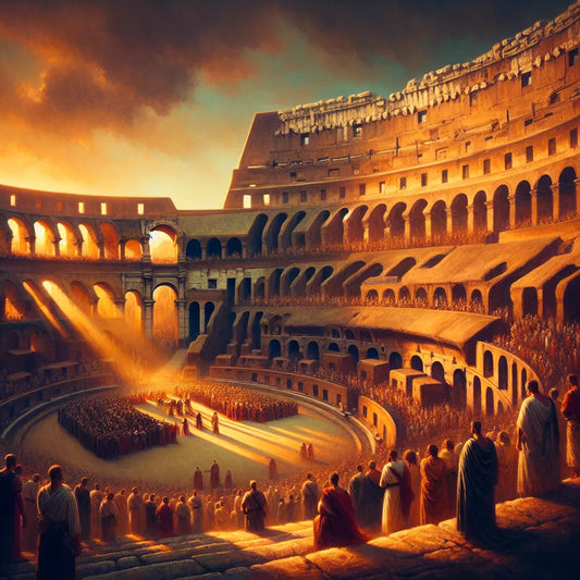 The ancient Roman Colosseum at sunset filled with spectators in traditional toga attire, capturing the grandeur and excitement of gladiatorial games in a painterly cinematic style.