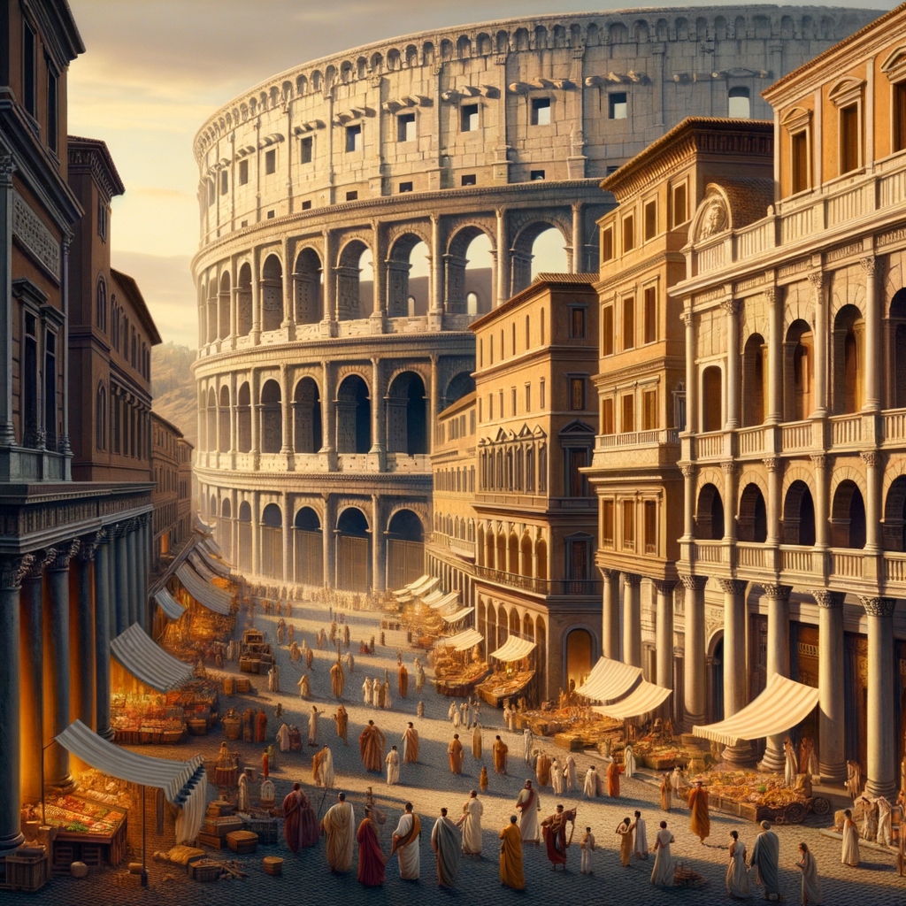 Panoramic view of ancient Rome with the Colosseum and aqueducts, bustling with citizens in traditional attire, styled like a 1960s historical epic.