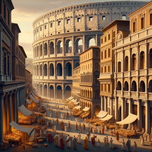 Panoramic view of ancient Rome with the Colosseum and aqueducts, bustling with citizens in traditional attire, styled like a 1960s historical epic.