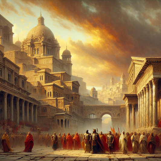 Panoramic view of ancient Roman and Byzantine Constantinople with legions marching past marble forums under a dramatic sky, styled like a 1960s historical epic film painting.