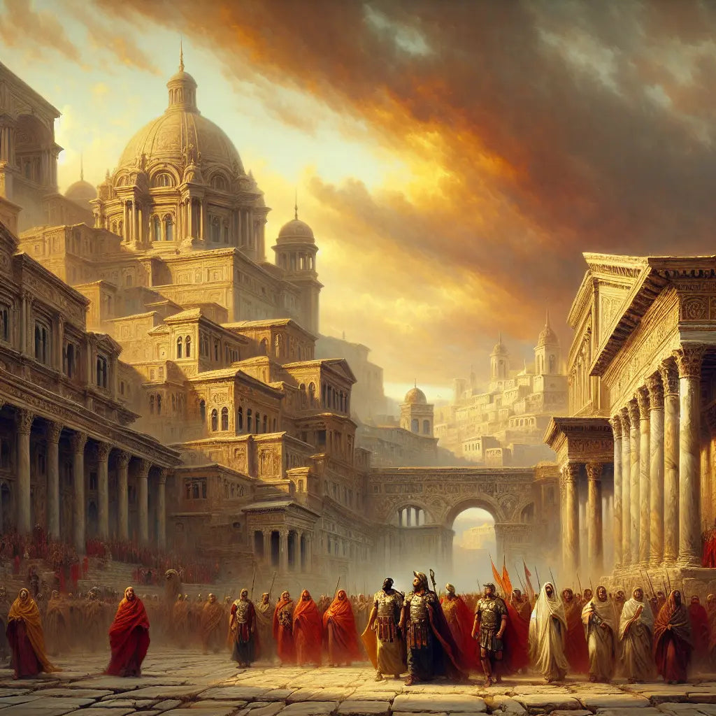 Panoramic view of ancient Roman and Byzantine Constantinople with legions marching past marble forums under a dramatic sky, styled like a 1960s historical epic film painting.