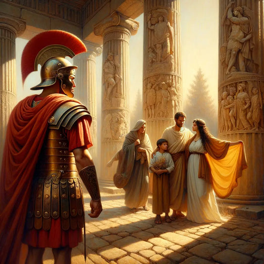 Roman soldier in armor gazing at a family scene with ancient columns behind, symbolizing conflict between duty and desires in a 1960s film style.