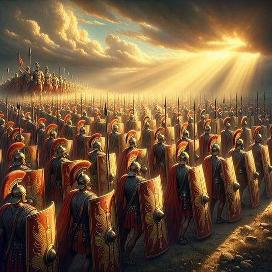 Roman soldiers in testudo formation on an ancient battlefield, led by an officer in front of a dramatic landscape, inspired by the style of classic historical films of the 1960s.