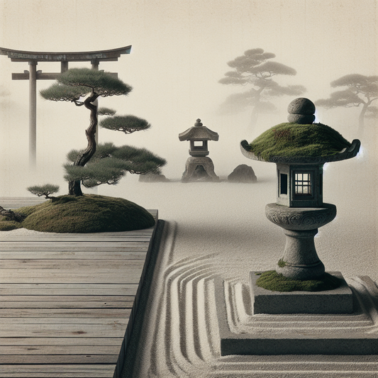 Minimalist Japanese style image of moss-covered stone lantern beside a zen garden path with soft morning mist and a torii gate silhouette, symbolizing quiet cultural harmony and historical reverence.