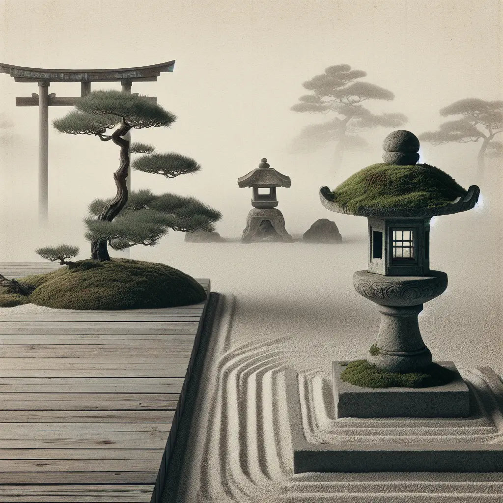 Minimalist Japanese style image of moss-covered stone lantern beside a zen garden path with soft morning mist and a torii gate silhouette, symbolizing quiet cultural harmony and historical reverence.