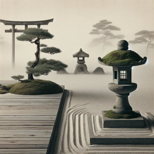 Minimalist Japanese style image of moss-covered stone lantern beside a zen garden path with soft morning mist and a torii gate silhouette, symbolizing quiet cultural harmony and historical reverence.
