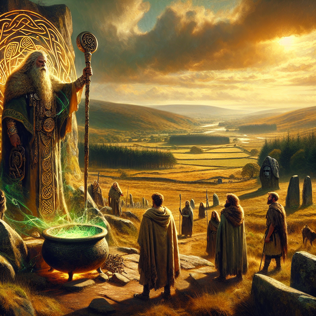 The Dagda, a large Celtic god holding a magical club and cauldron, stands heroically on a rock amid a lush ancient Irish landscape with glowing Celtic knotwork patterns in the background.